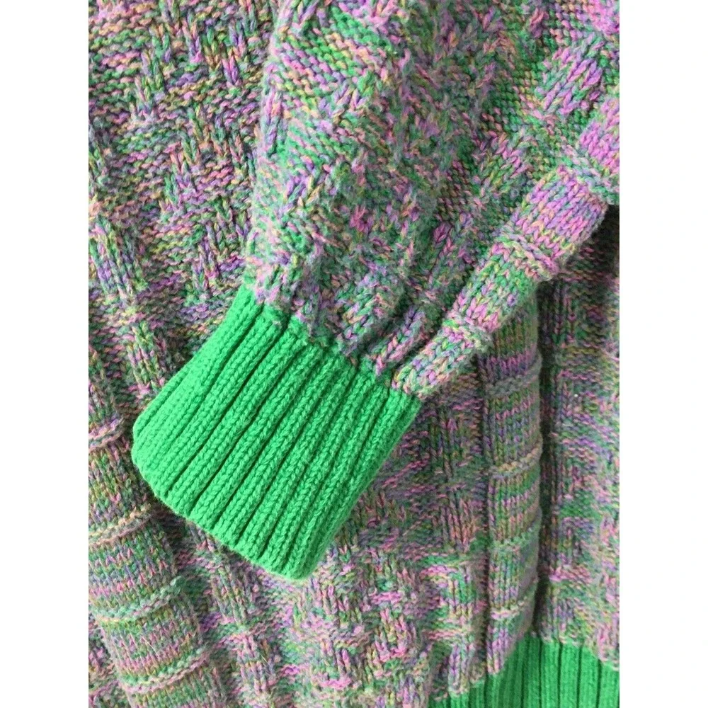 Vintage 90s V Neck‎ Sweater Mens XL Green Purple Marled 100% Cotton Heavy Weight